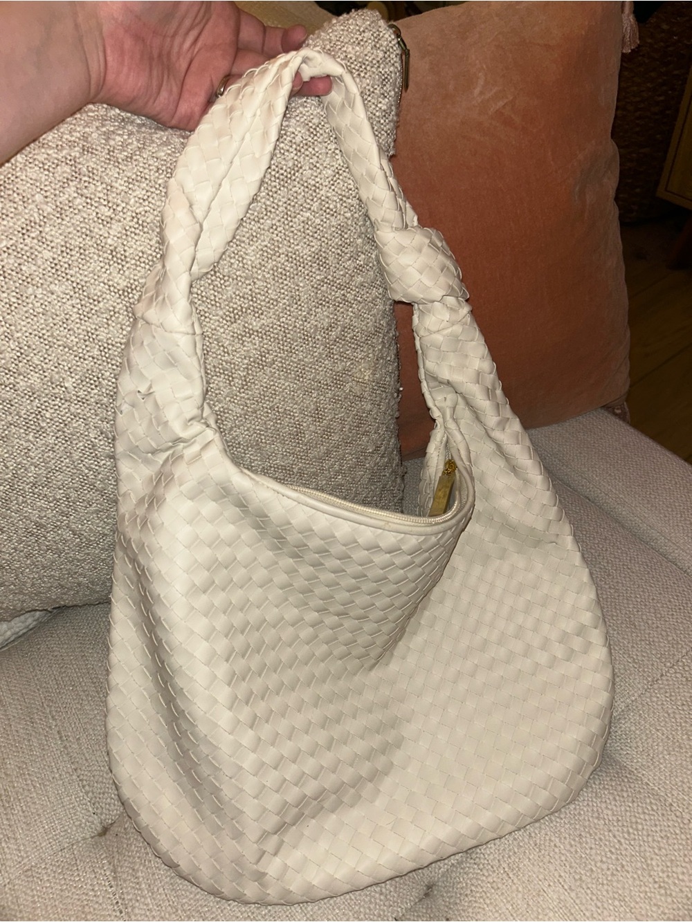 IMAN Cream Woven Hobo Bag with Knotted Strap